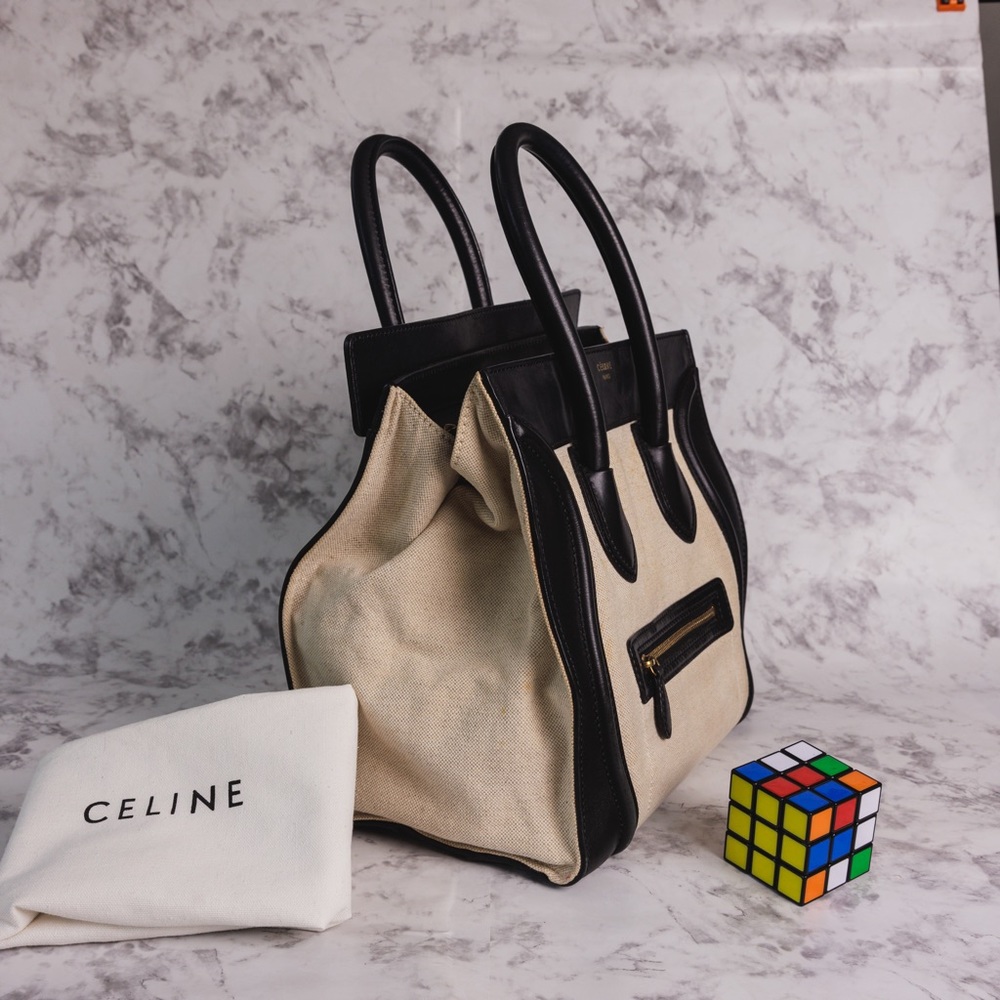 Celine Luggage Bicolor in Black Leather and Cream Canvas Medium - Picture 2 of 7